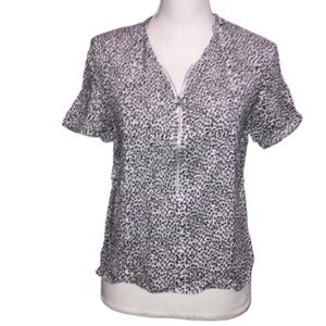 MANGO Women's Blouse Leopard Print Zipper Neckline Short Sleeved